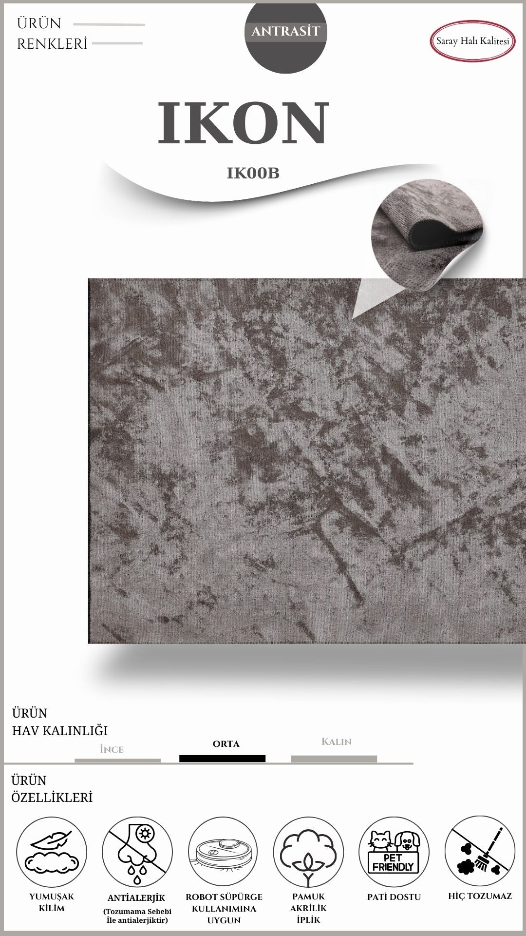 Dekoratif Toz Tutmayan Kilim Pati Dostu IKON IK00B