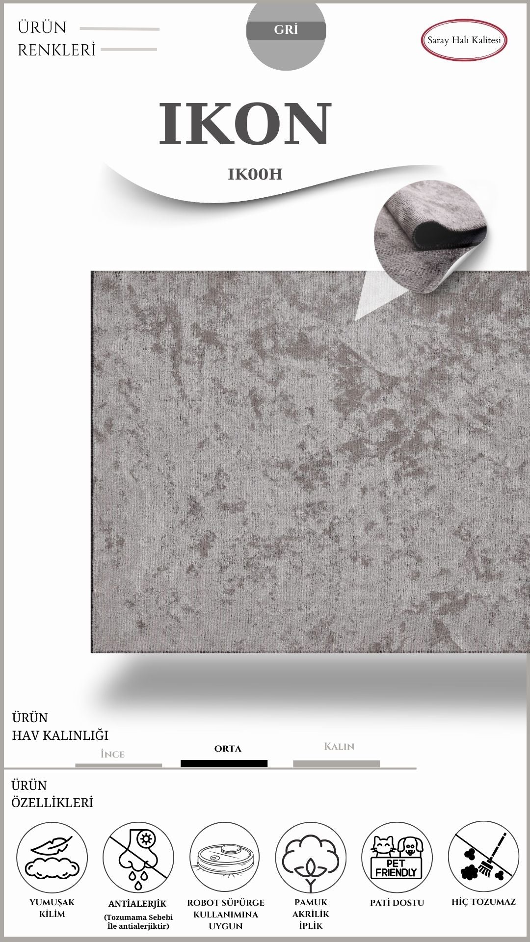 Dekoratif Toz Tutmayan Kilim Pati Dostu IKON IK00H