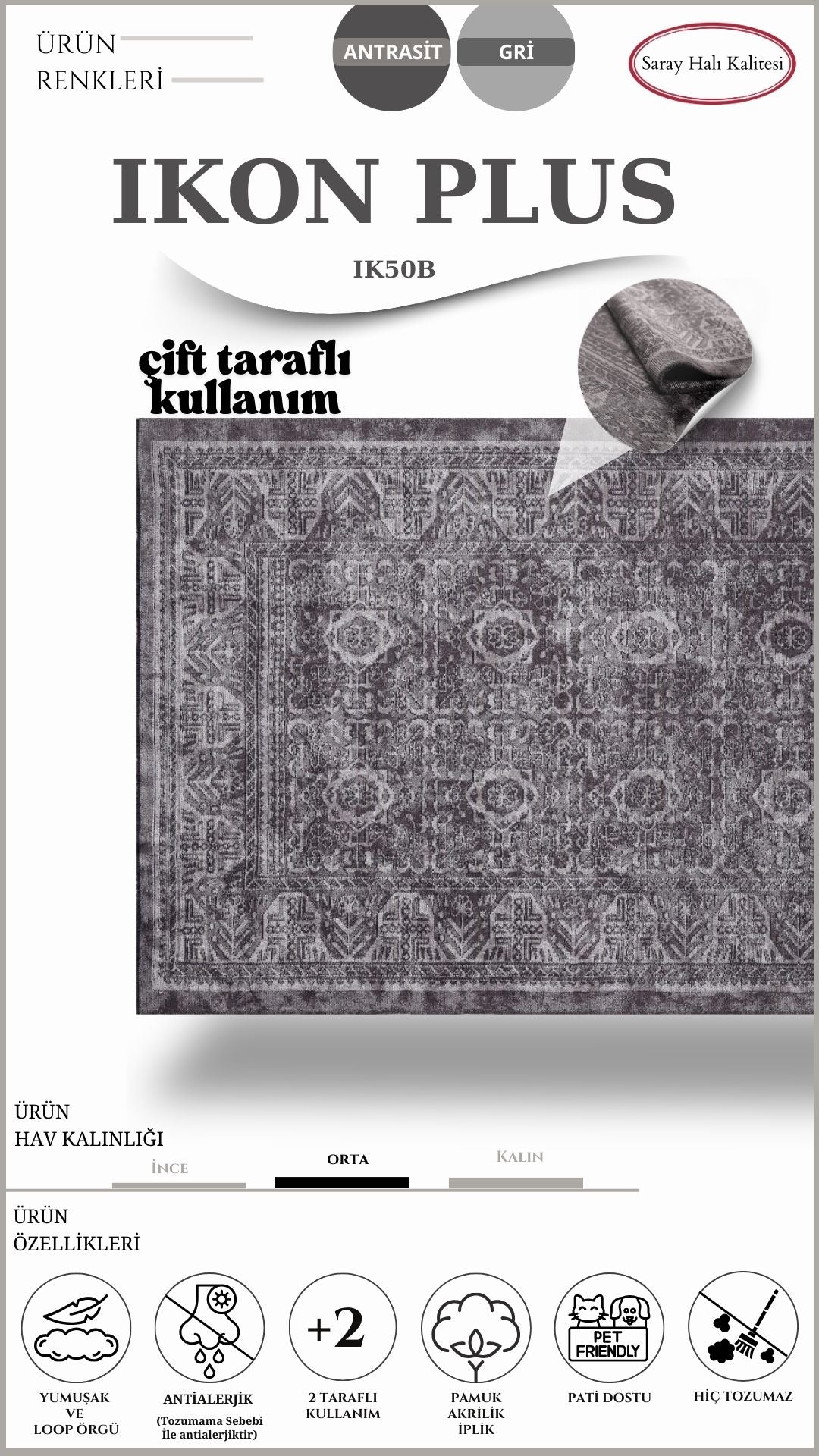 Dekoratif Toz Tutmayan Kilim Pati Dostu IKON PLUS IK50B