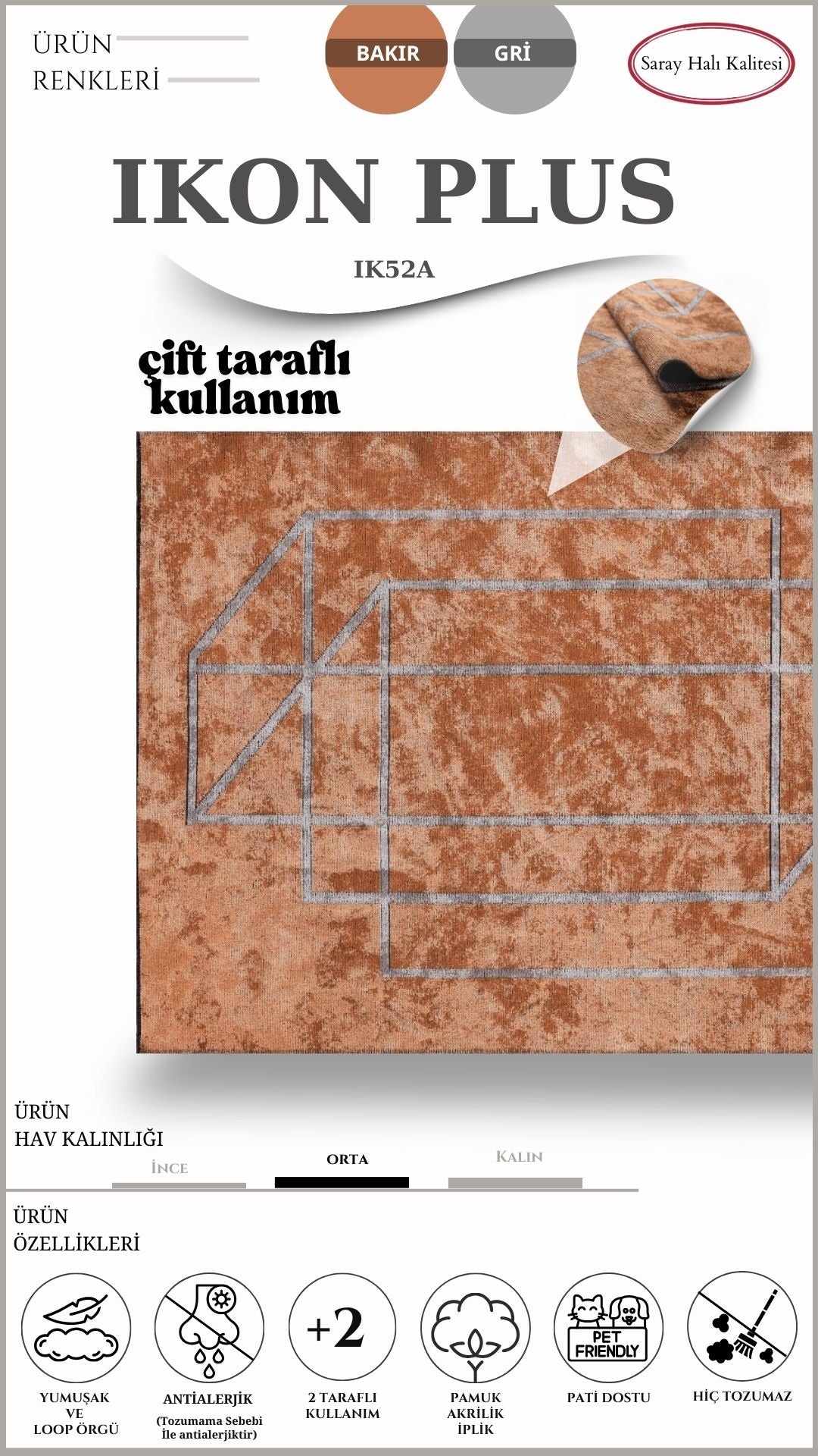 Dekoratif Toz Tutmayan Kilim Pati Dostu IKON PLUS IK52A