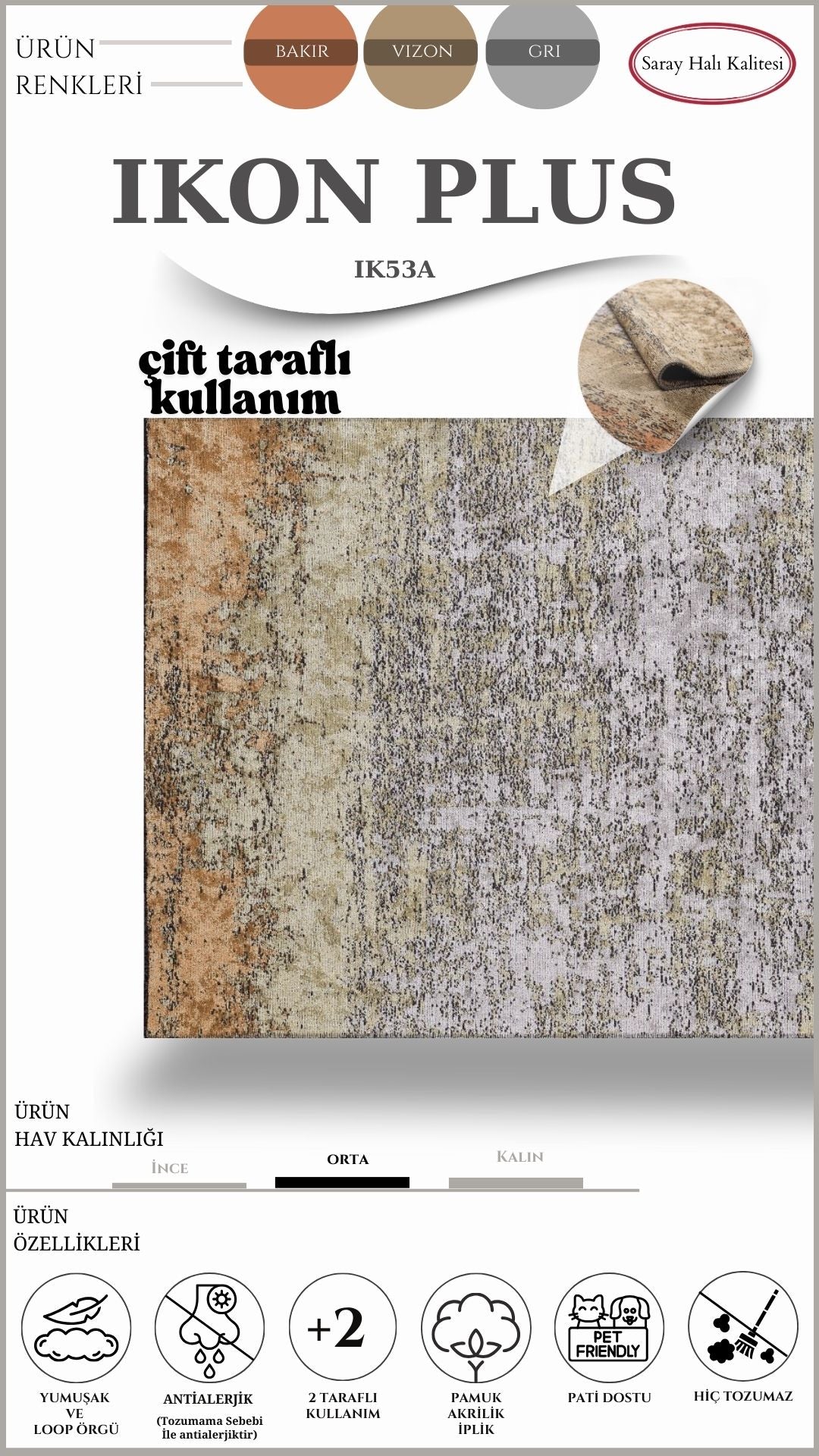 Dekoratif Toz Tutmayan Kilim Pati Dostu IKON PLUS IK53A