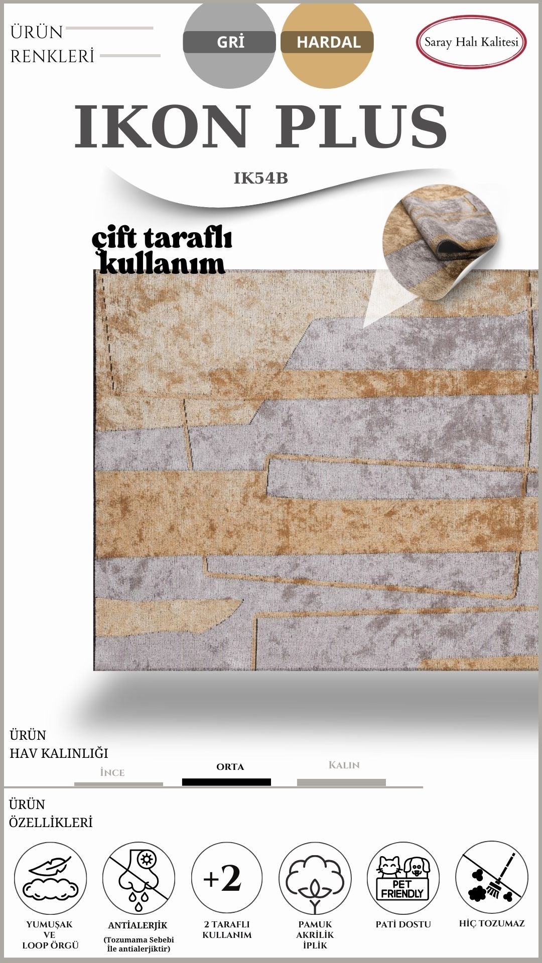 Dekoratif Toz Tutmayan Kilim Pati Dostu IKON PLUS IK54B