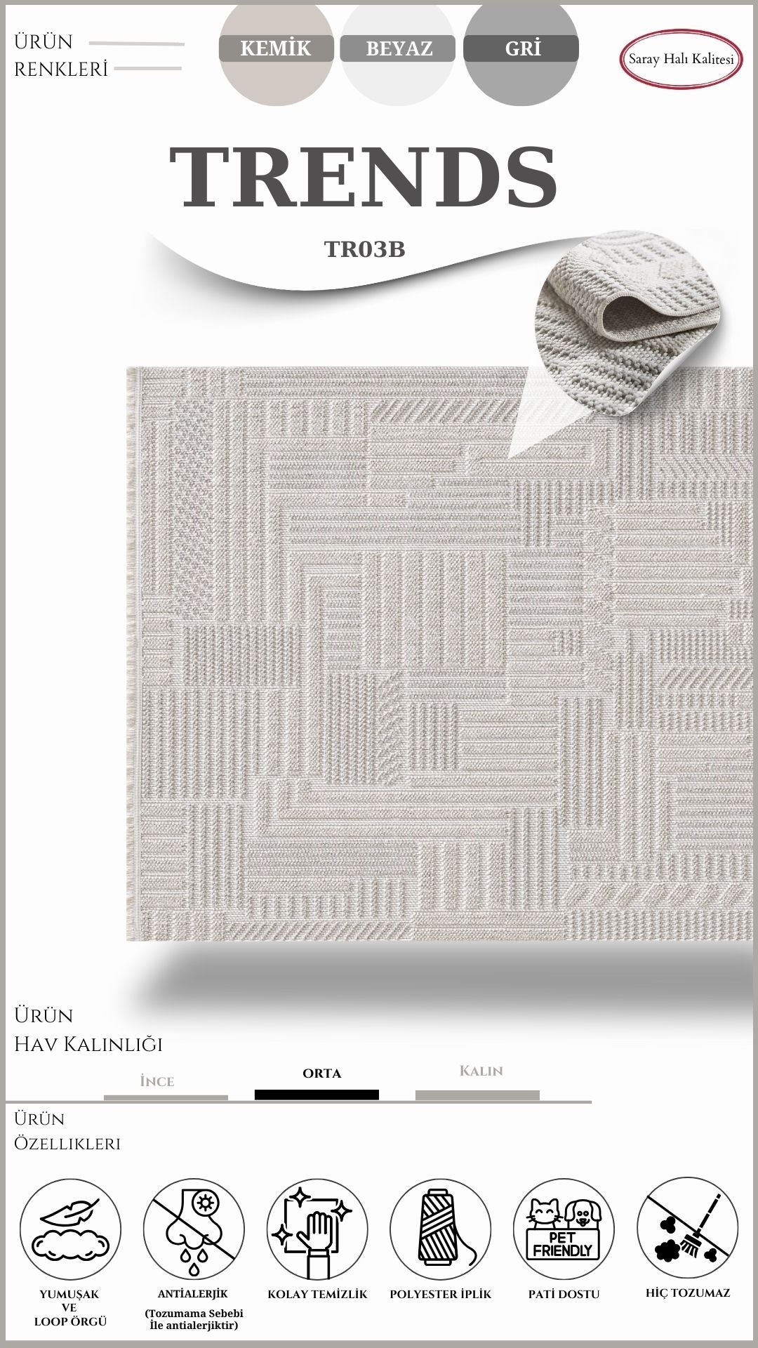 İskandinav Toz Tutmayan Halı Pati Dostu TRENDS TR03B