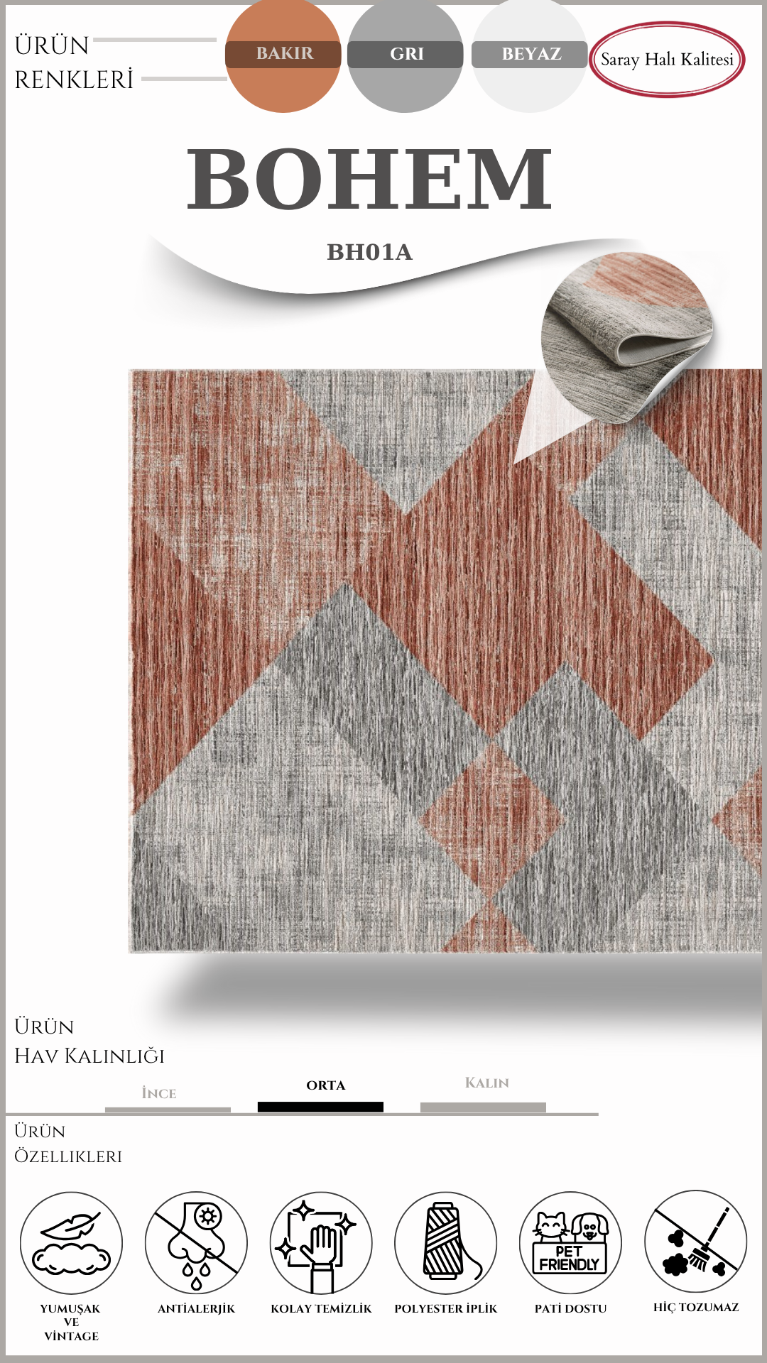Modern ve Klasik Desenli Özel Efektli Halı BOHEM BH01A