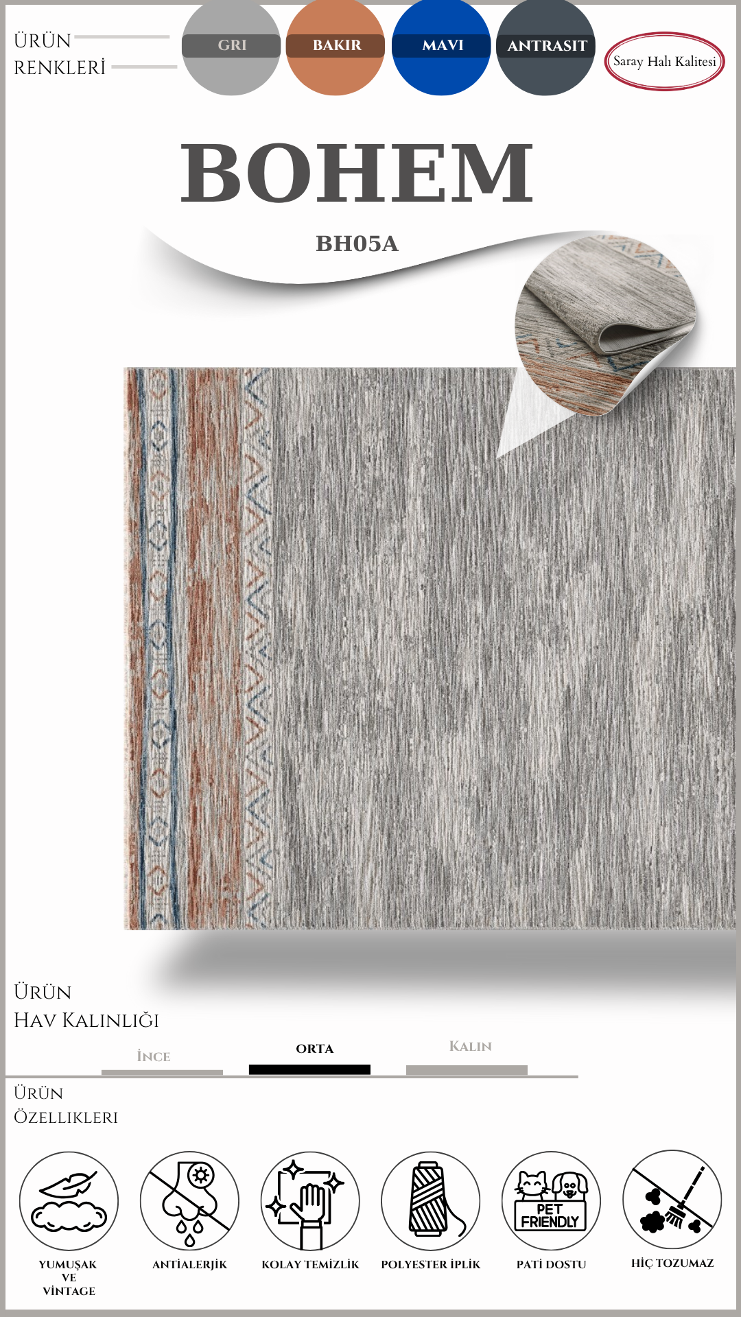 Modern ve Klasik Desenli Özel Efektli Halı BOHEM BH05A