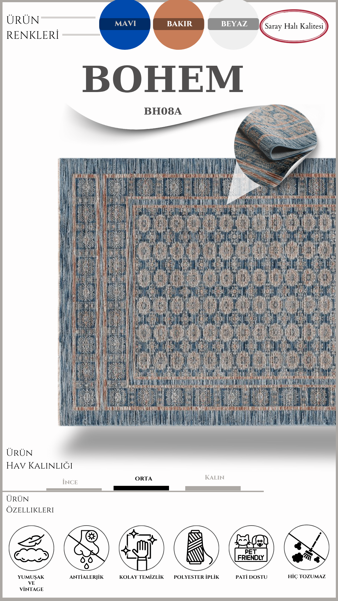 Modern ve Klasik Desenli Özel Efektli Halı BOHEM BH08A