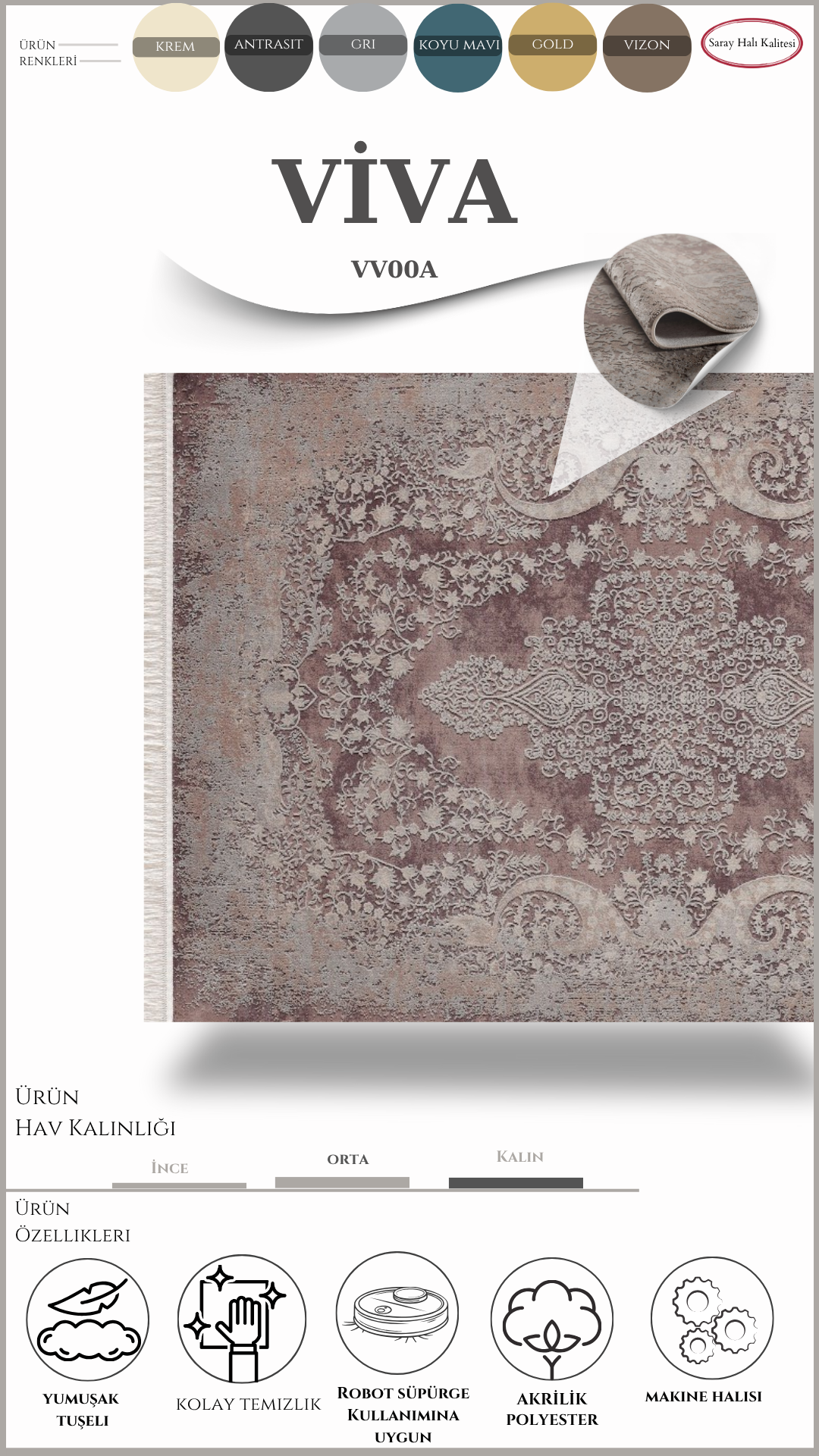 Modern ve Klasik Desenli Salon Halısı VIVA VV00A