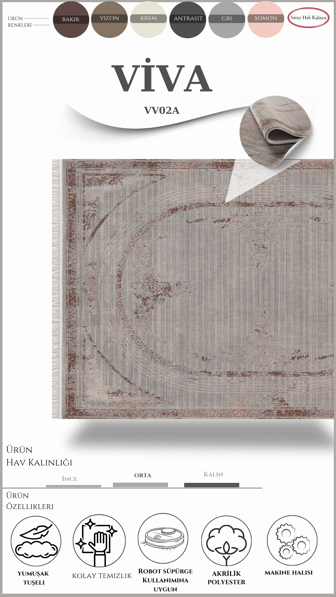 Modern ve Klasik Desenli Salon Halısı VIVA VV02A