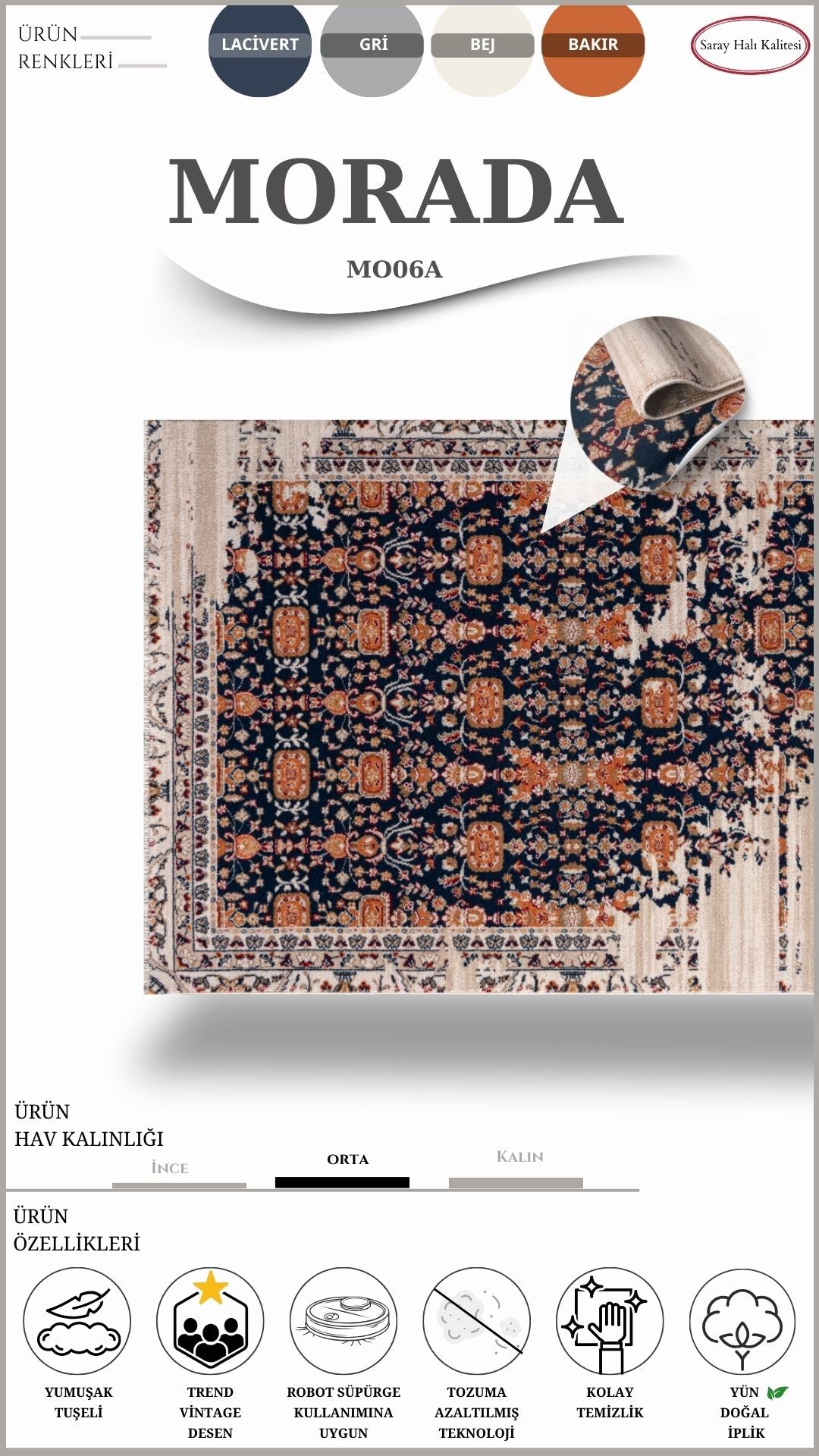 Yün Vintage Salon Halısı MORADA MO06A