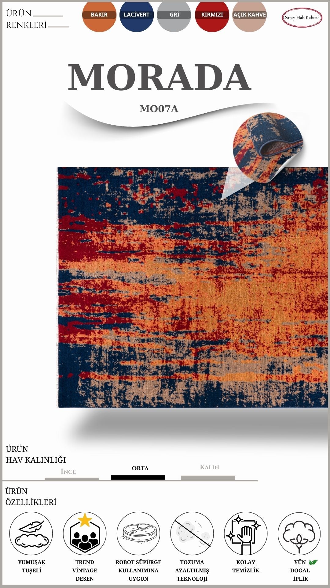 Yün Vintage Salon Halısı MORADA MO07A