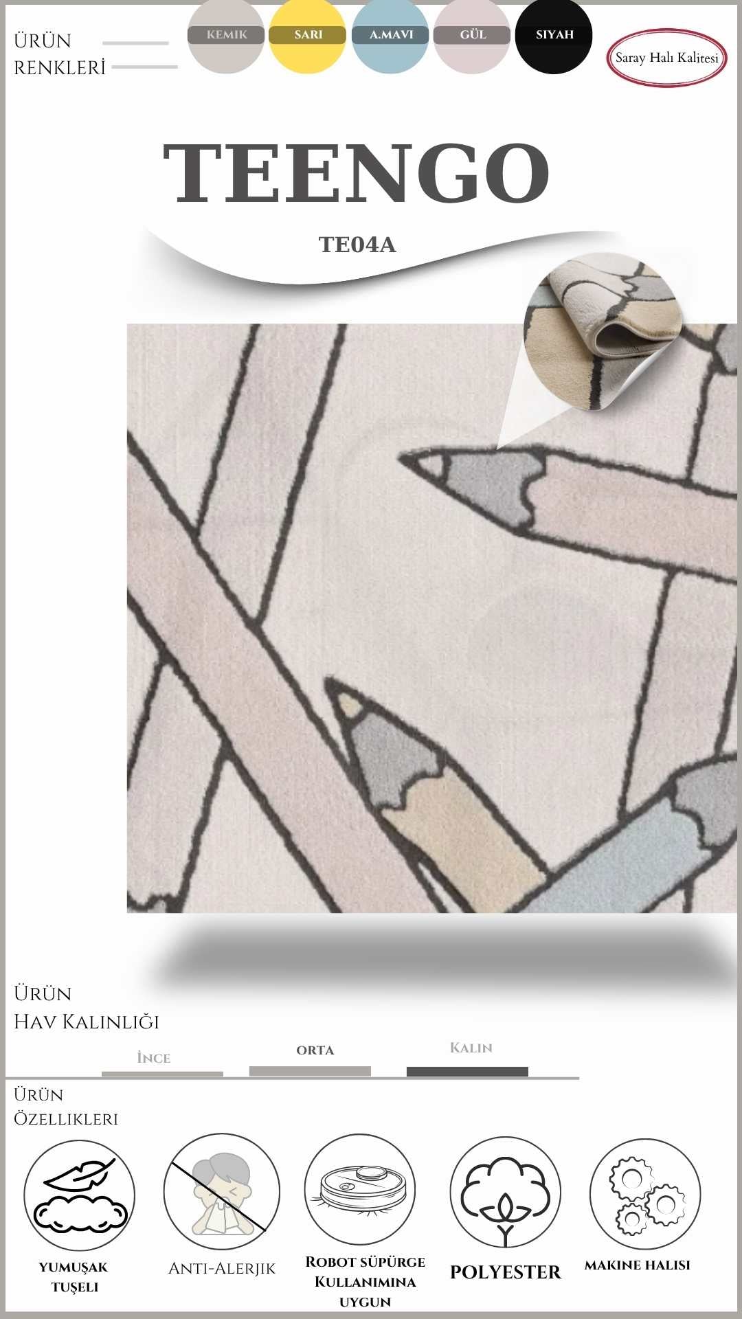 Çocuk Odası Halısı Toz Tutmayan Kaymaz TEENGO TE04A