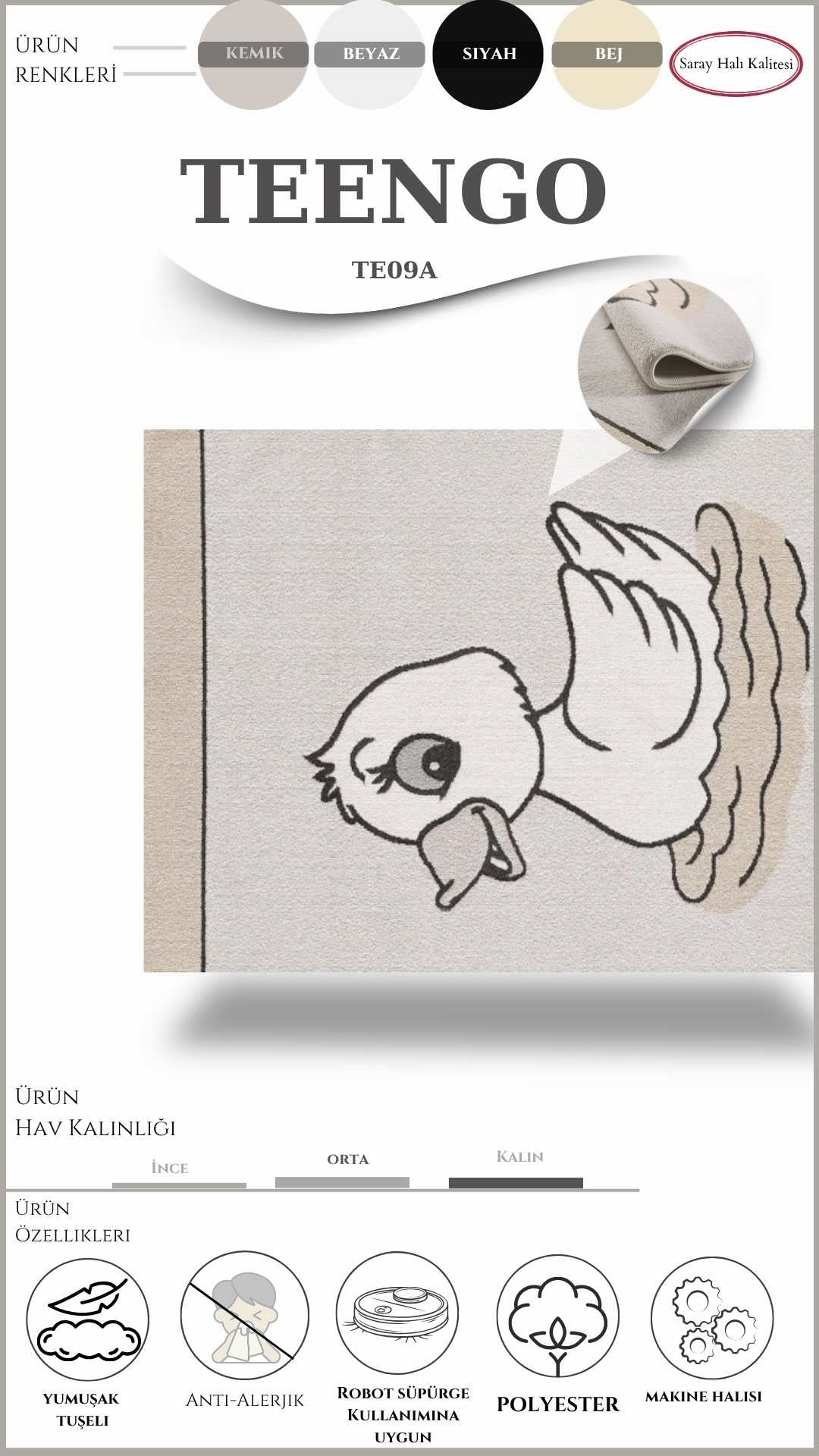 Çocuk Odası Halısı Toz Tutmayan Kaymaz TEENGO TE09A