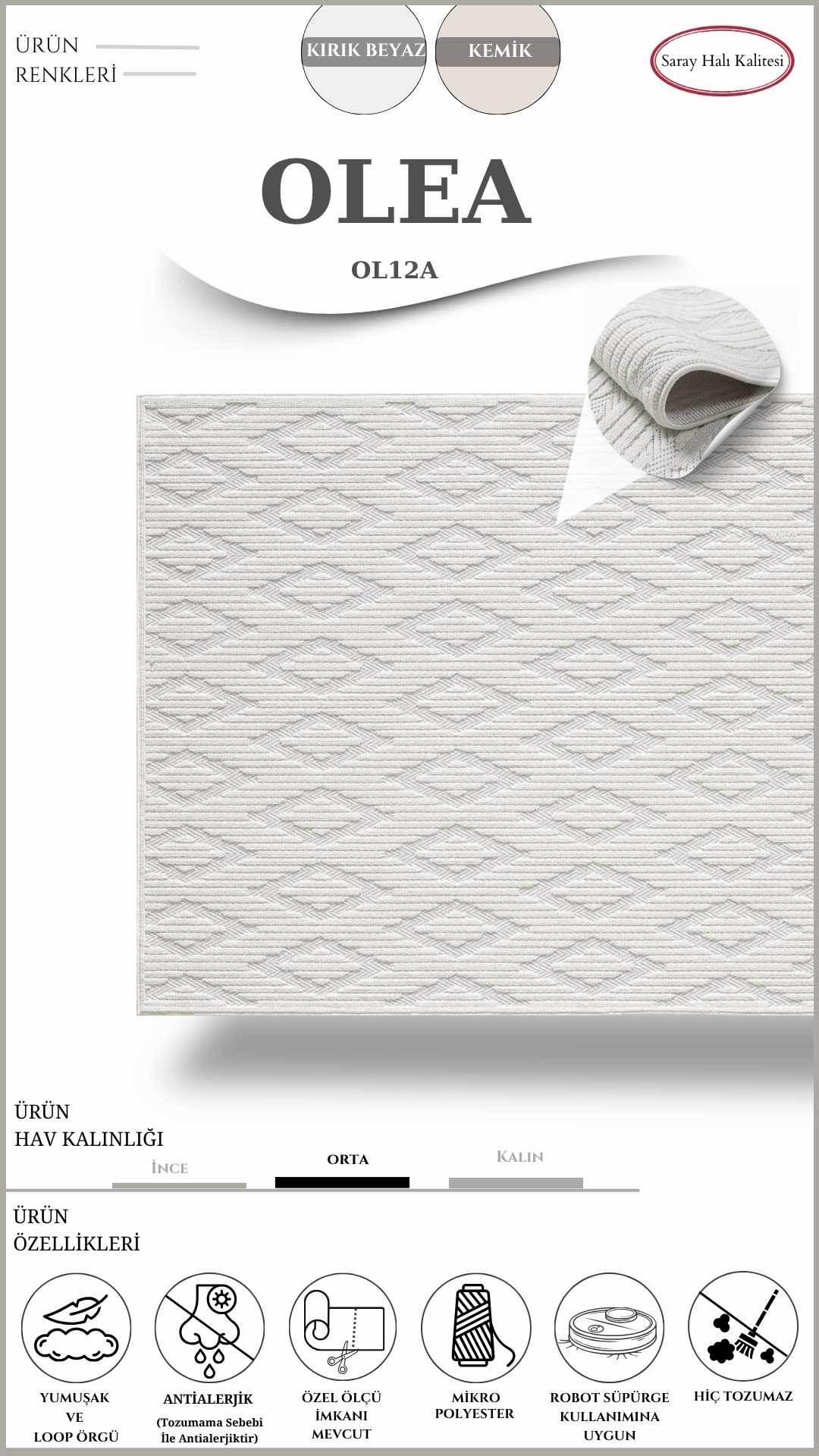 Dekoratif Toz Tutmayan Halı Pati Dostu OLEA OL12A