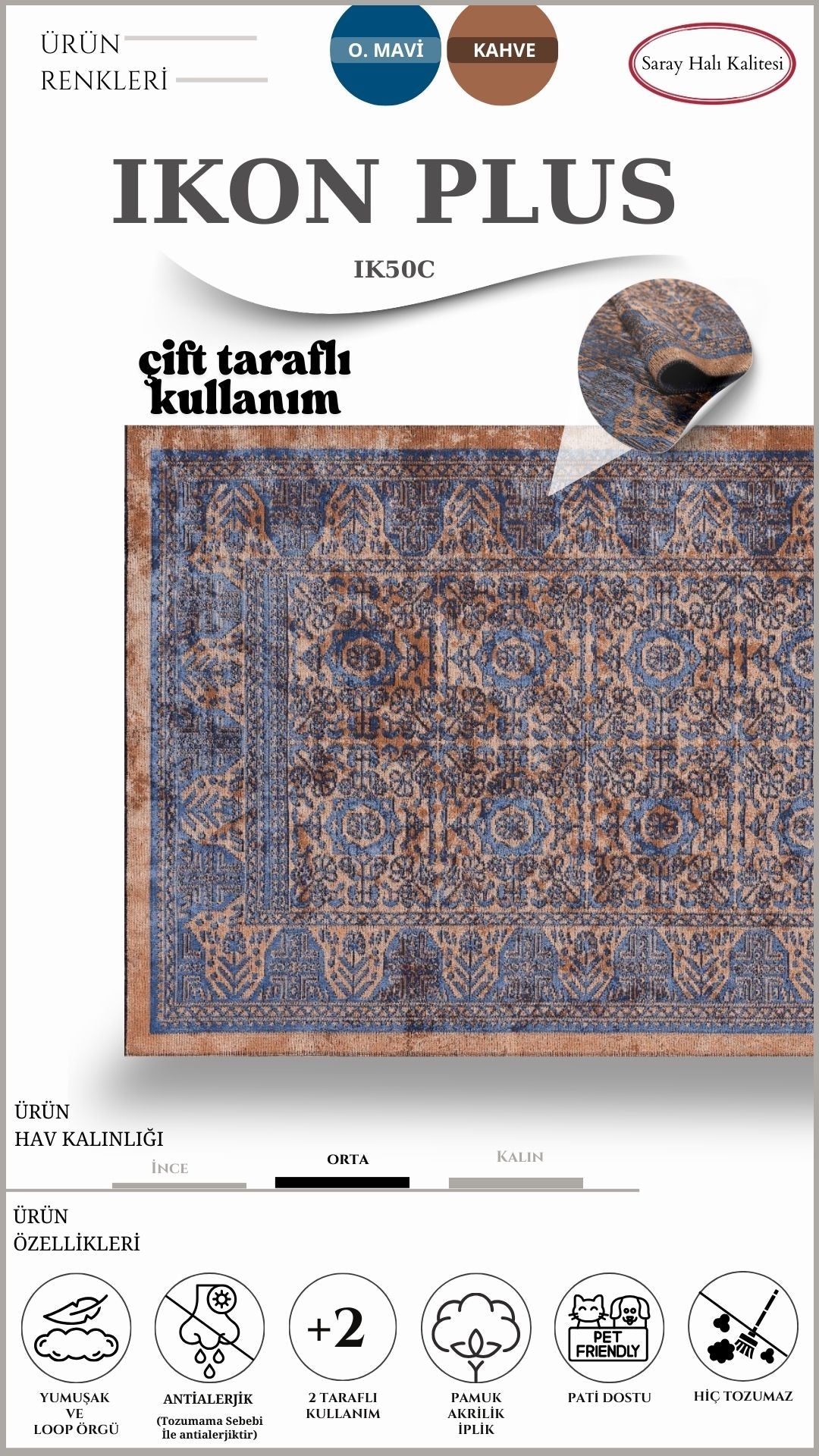 Dekoratif Toz Tutmayan Kilim Pati Dostu IKON PLUS IK50C