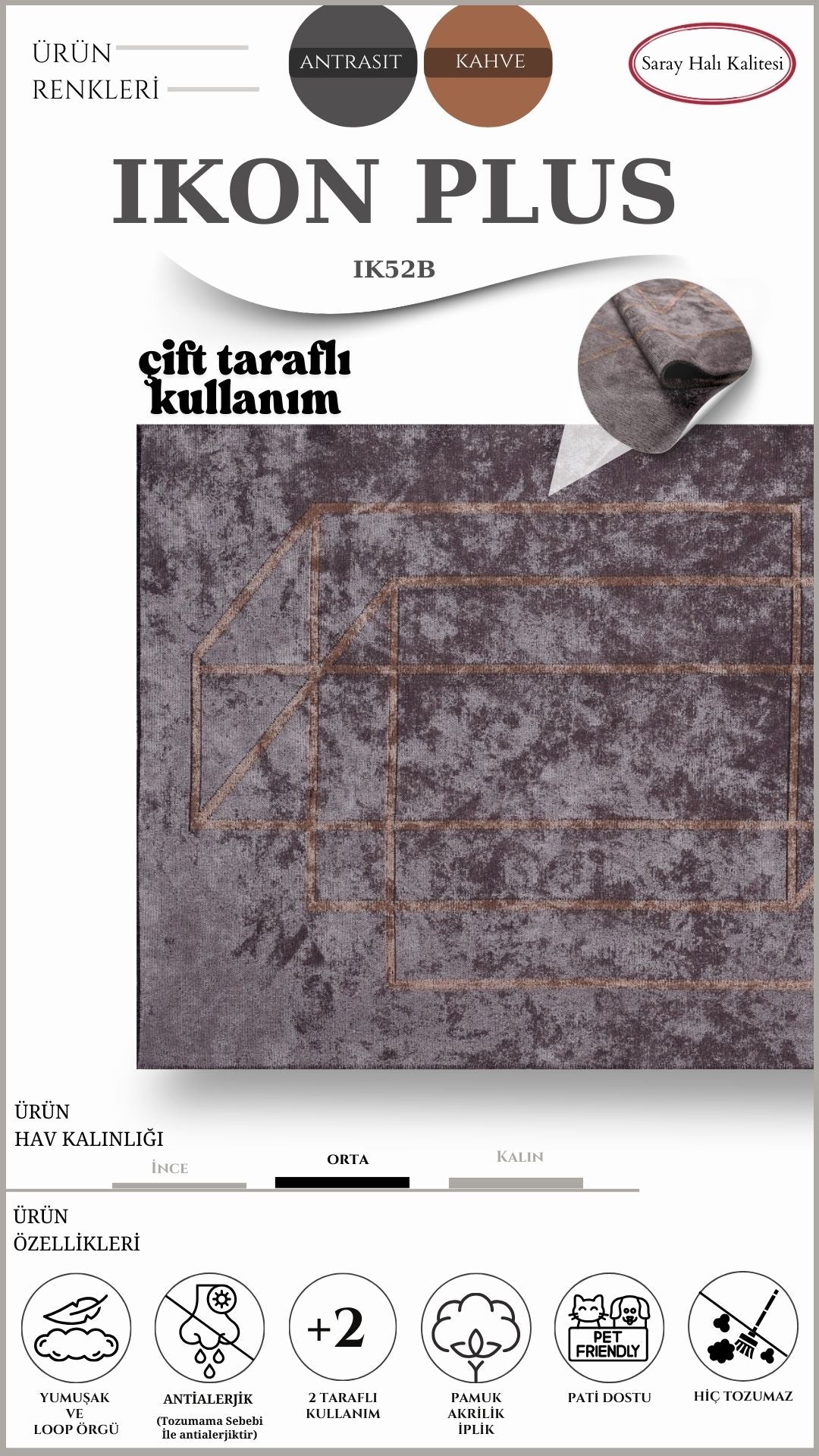 Dekoratif Toz Tutmayan Kilim Pati Dostu IKON PLUS IK52B