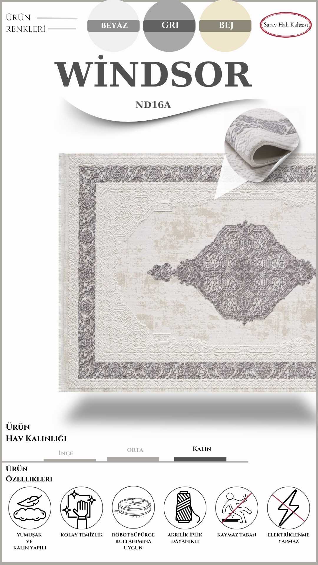 Klasik Salon Halısı Kalın ve Yumuşak WİNDSOR ND16A